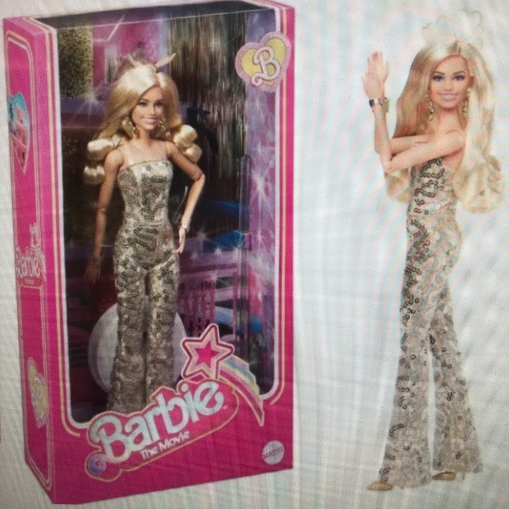NWT NRFB Margot Robbie as Barbie in gold Disco pantsuit. Collectors Item.